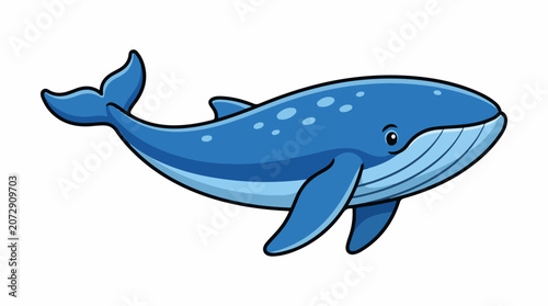 A cartoon illustration of a blue whale with white spots and a smile