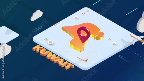 Isometric 3D Render of Kuwait Map with Red Location Pin Pointer and Floating Airplanes