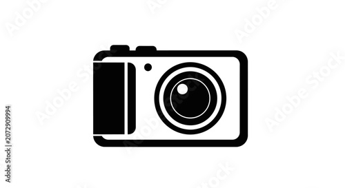 Minimalist black digital camera icon isolated on white background