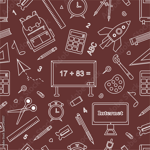 School themed doodles seamless pattern. School supplies pattern in doodle style. Back to school seamless pattern background. School elements doodle pattern background.