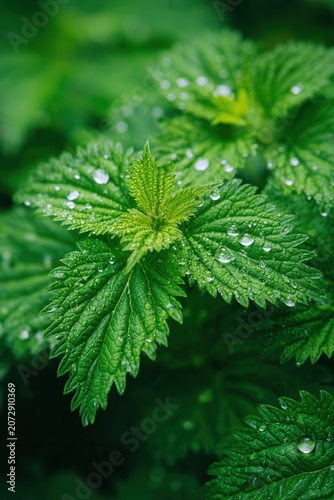 Fresh green nettle leaves covered with sparkling dew drops in natural forest garden morning light