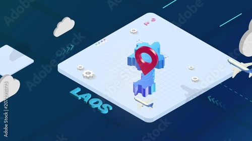 Isometric 3D Render of Laos Map with Red Location Pin Pointer and Floating Airplanes