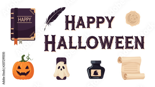 Obraz na plátně Halloween Celebration Icons: A festive collection of Halloween-themed illustrations including a spooky pumpkin, a friendly ghost, a vintage spellbook, a quill pen, and an inkwell
