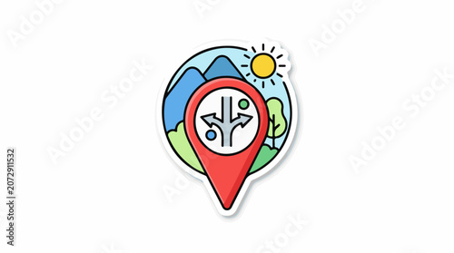 A colorful illustration of a red location pin with a white circle and black symbols inside set against a scenic backdro