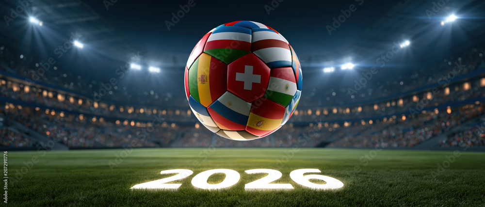 Fototapeta premium Global football unity concept a multicolored ball wrapped in international flags soars above a glowing 2026 text on stadium grass under dramatic floodlights. Ideal for sports event.