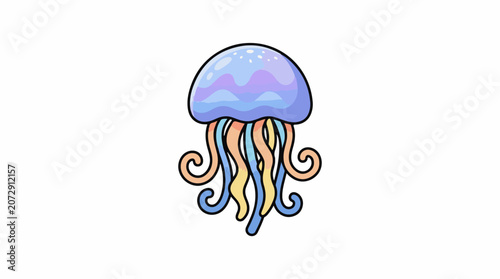A colorful cartoon jellyfish with a purple and blue bell and multicolored tentacles