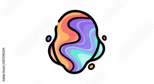 A colorful abstract shape with swirling patterns and black outline