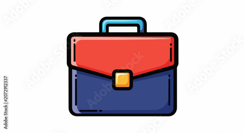 A colorful briefcase with red top blue bottom and yellow clasp