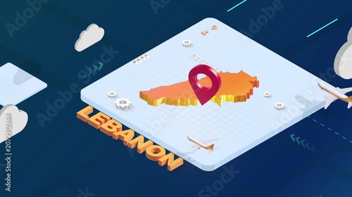 Isometric 3D Render of Lebanon Map with Red Location Pin Pointer and Floating Airplanes