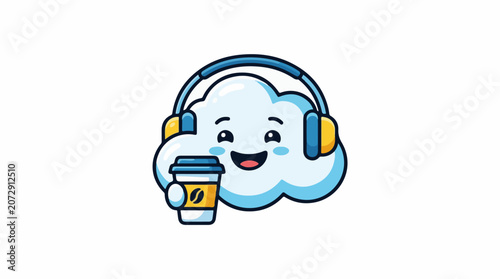 A cheerful cartoon cloud wearing headphones holds a coffee cup