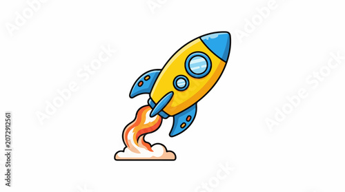 A cartoon-style yellow and blue rocket ship blasting off with flames and smoke