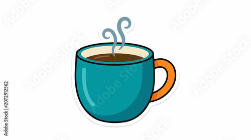 A cartoon-style teal coffee mug with a brown liquid and steam