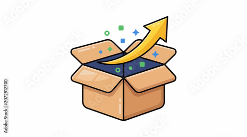 A cartoon-style illustration of an open cardboard box with a gold arrow emerging