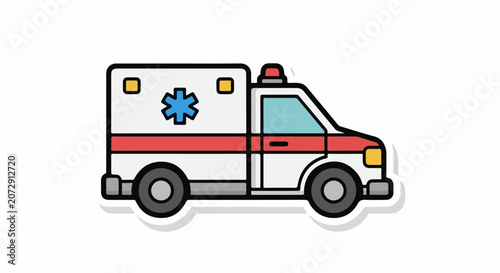 A cartoon-style illustration of an ambulance with a red stripe