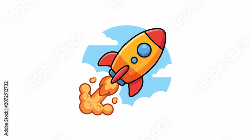 A cartoon-style illustration of a vibrant orange rocket ship with red fins and blue windows soaring upwards through flu