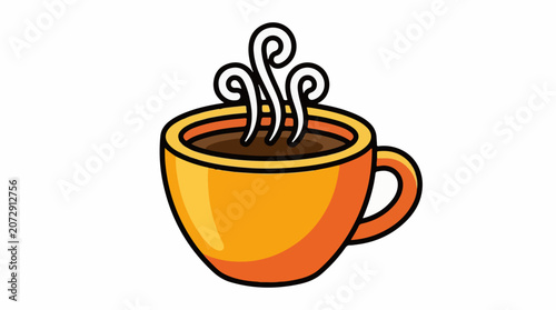 A cartoon-style illustration of a yellow-orange coffee cup with steaming hot brown liquid