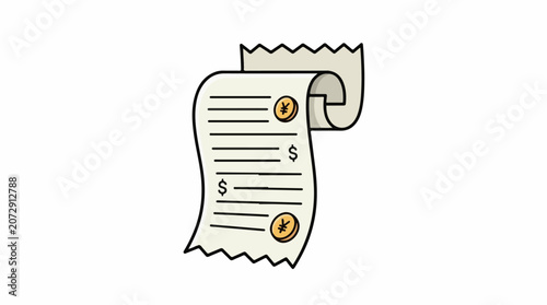 A cartoon-style illustration of a receipt with dollar and yen symbols