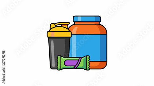 A colorful illustration of a protein shaker supplement bottle and energy bar
