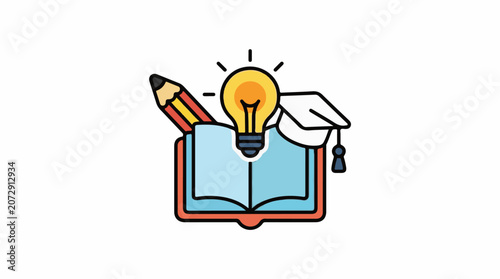 A colorful illustration of an open book with a pencil on top a lightbulb above and a graduation cap beside