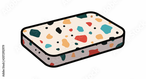 A colorful rectangular object with multicolored spots on a white background