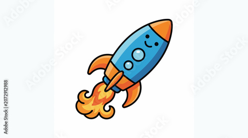 A cartoon rocket ship with a smiling face blasts off into the air with flames