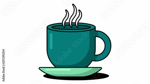 A digital illustration of a teal coffee cup on a saucer with steam rising
