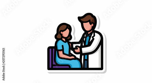 A doctor in a white coat examines a seated patient wearing blue