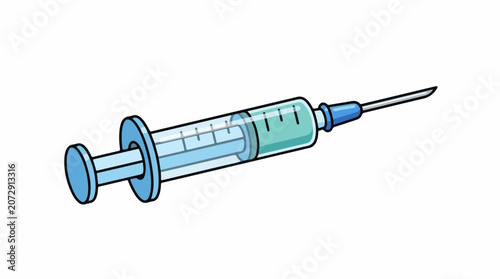 A medical syringe with a blue plunger and needle filled with green liquid