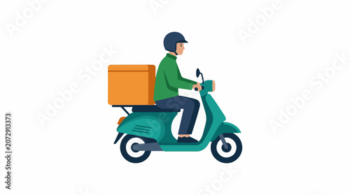 A person on a green scooter with an orange box on the back
