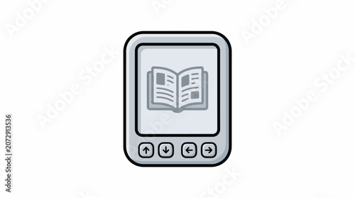 A simple gray e-reader icon with an open book on its screen and navigation buttons