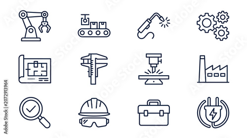 Industrial manufacturing process and workshop safety icon set.