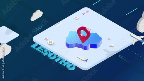 Isometric 3D Render of Lesotho Map with Red Location Pin Pointer and Floating Airplanes