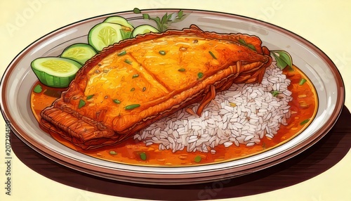 Delicious Thai Red Curry with Rice and Lime Slices.