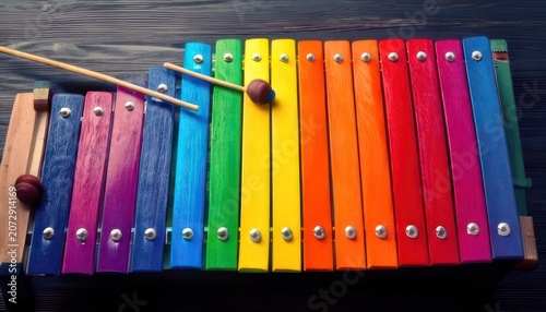 Colorful Xylophone with Mallets on Wooden Surface, Musical Instrument.