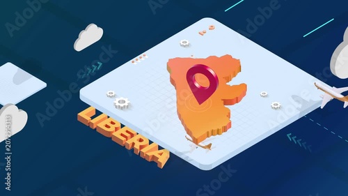 Isometric 3D Render of Liberia Map with Red Location Pin Pointer and Floating Airplanes