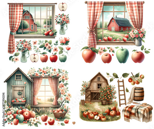 Cozy Countryside Apple Orchard Views with Red Barns, Checkered Curtains, and Rustic Harvest Decor