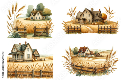 Cozy countryside farmhouse surrounded by golden wheat fields and a rustic wooden fence