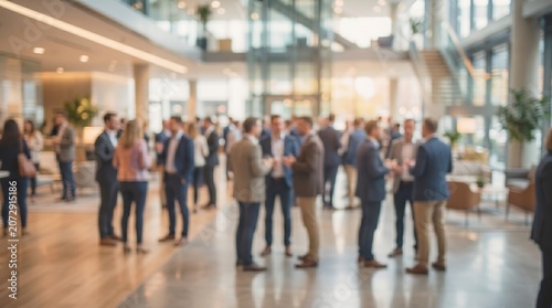 Blurred business networking event with professionals in suits socializing in modern corporate lobby for corporate lifestyle and business conference background imagery and concepts