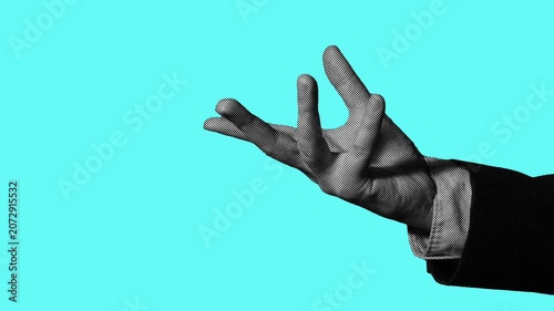 Halftone businessman hand in holding gesture, swaying on cyan background. Retro pop art style, seamless loop for business and communication content.