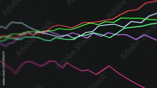 Colorful line charts scrolling on dark monitor screen, shot at angle with depth of field blur and noise. Cinematic and atmospheric, suitable for finance and tech content.