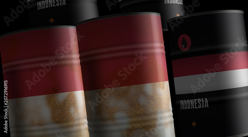 Foto Indonesia oil crude petroleum fuel barrels in row