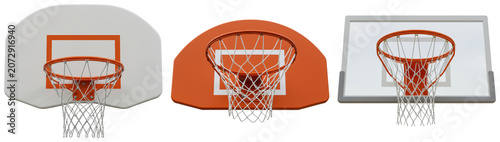 Tableau sur toile Three basketball hoops with nets and backboards, isolated on a white background