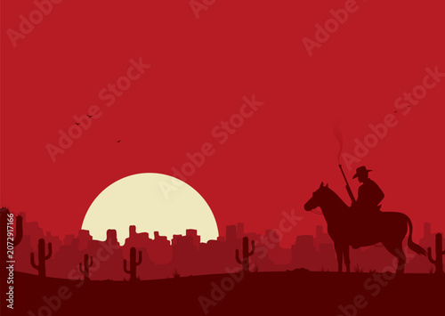 Western desert landscape at sunset vector illustration.