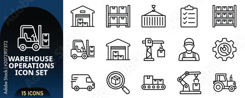 Photos Warehouse Operations Icon Set, Vector Line Art Icons of Logistics Storage, Forklift Lifter, Cargo Pallet Rack, Crane, Inspection Checklist, Robotic Arm and Delivery Van Isolated on White