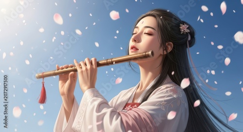 Beautiful young woman in traditional Chinese clothing playing a bamboo flute under falling pink cherry blossom petals