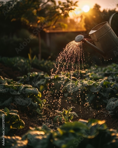 Water being poured from a vintage watering can onto plants in a garden during sunset in the evening hours