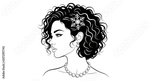 Beautiful woman with curly hair wearing a winter snowflake hair accessory and a pearl necklace in a line art sketch