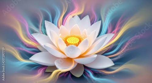 Beautiful white lotus flower blooming with colorful abstract flowing ribbons and vibrant light rays in a peaceful digital art style