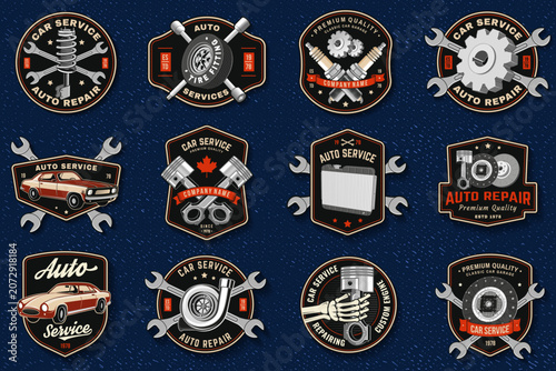 Vintage Car Service Badge Bundle Vector Collection. Retro Garage Auto Repair Emblems and Automotive Patches