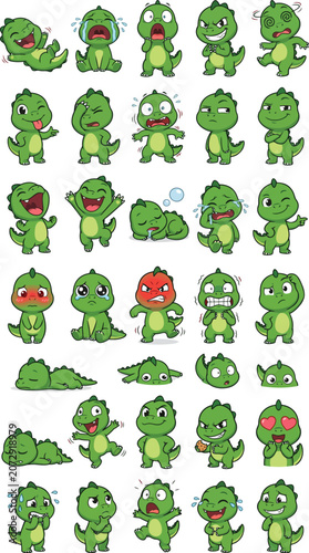 Cute Chibi Baby Dinosaur Mascot Sticker Set with Funny Cartoon Emotions and Goofy Expressions Vector Collection
